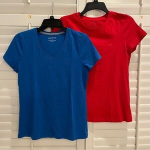 Nautica Women's Blue V-Neck and Red Crew Neck Tees